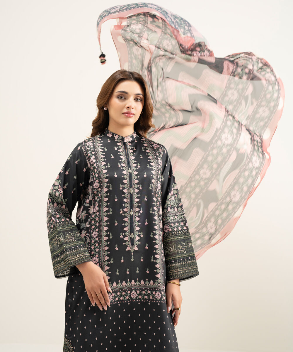 Women's Unstitched Blended Grip Silk Black Embroidered 3 Piece Suit