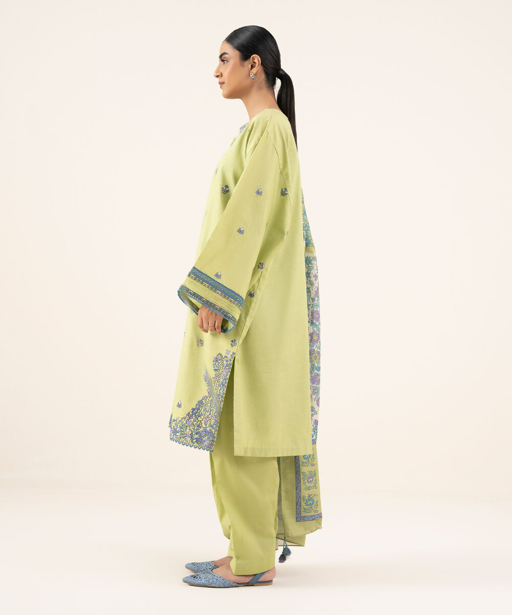 Women's Unstitched Textured Cotton Embroidered Green 2 Piece Suit