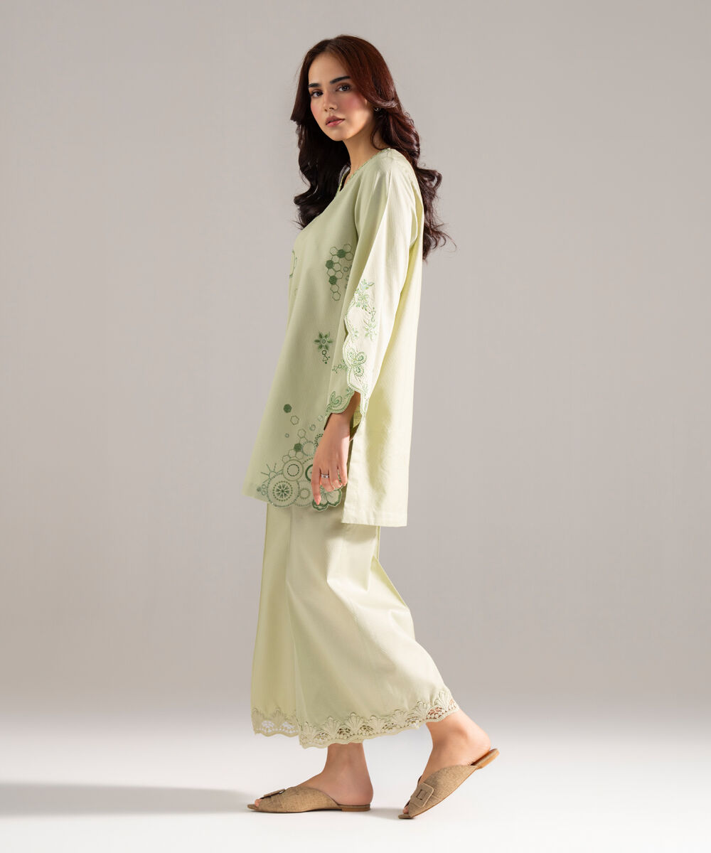 Women's RTW Dobby Solid Embroidered Green Straight Shirt
