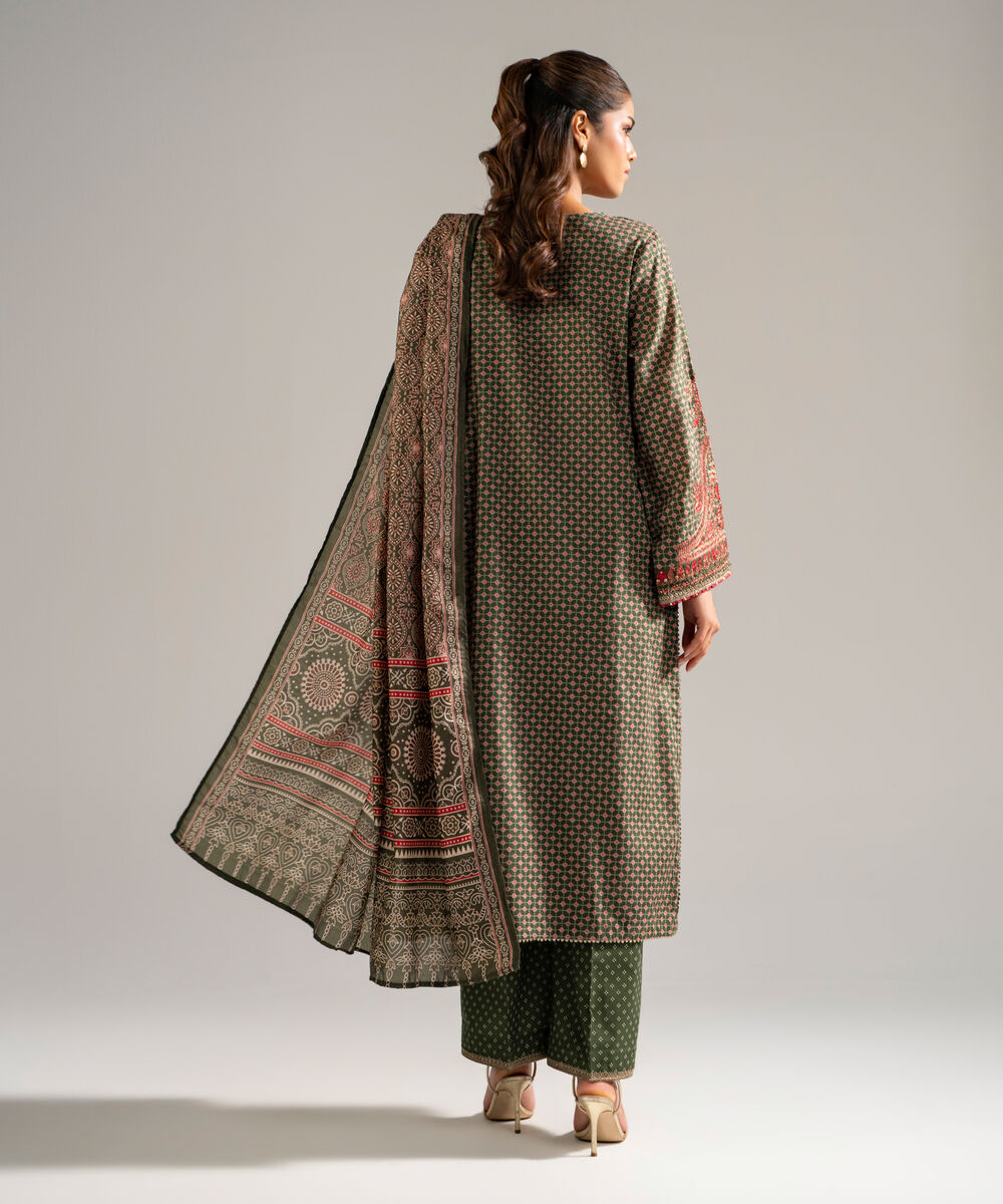 Women's RTW Dobby Embroidered Green 3 Piece Suit