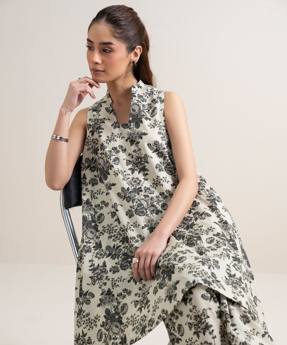 Women's Unstitched Lawn Printed Off White and Grey Shirt