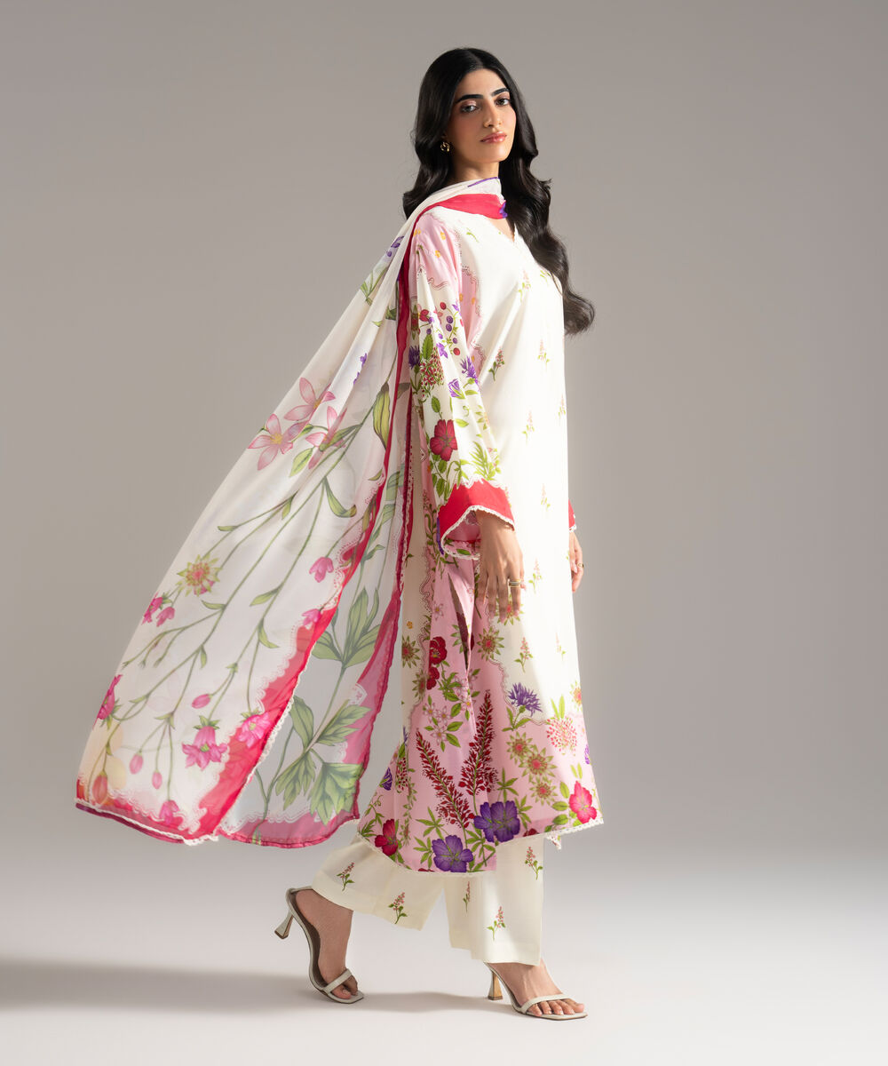 Women's RTW Viscose Raw Silk Printed Off White 3 Piece Suit