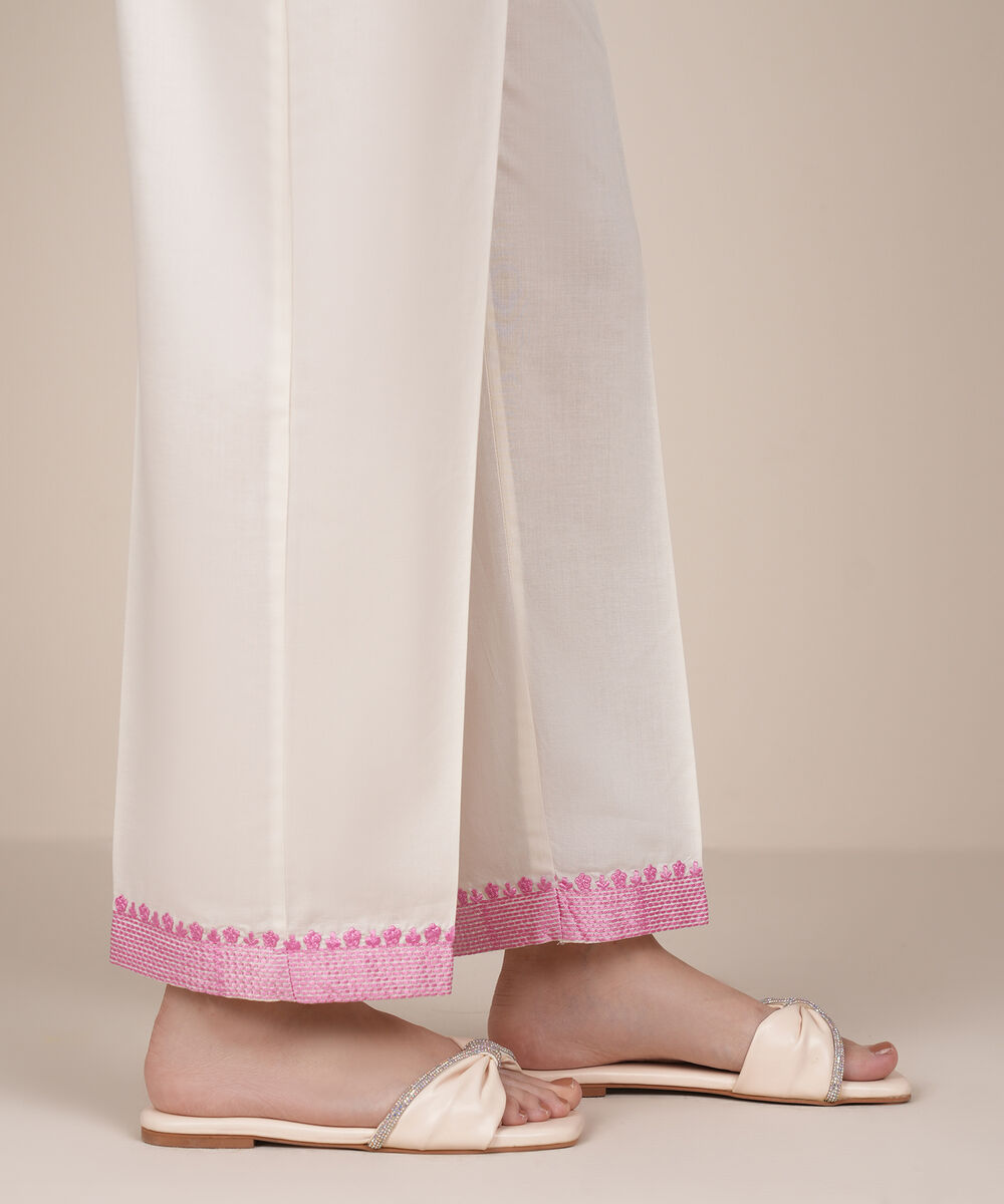 Women's RTW Cambric Beige Embroidered Straight Pants