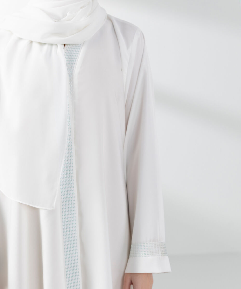 Woman - White Embroidered Button Through Abaya Set