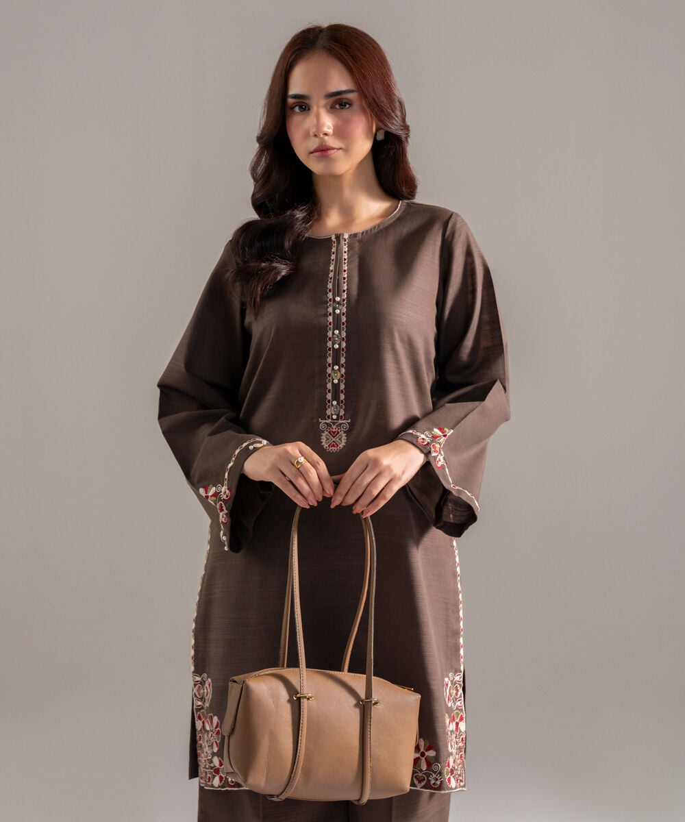 Women's RTW Khaddar Solid Embroidered Brown Straight Shirt
