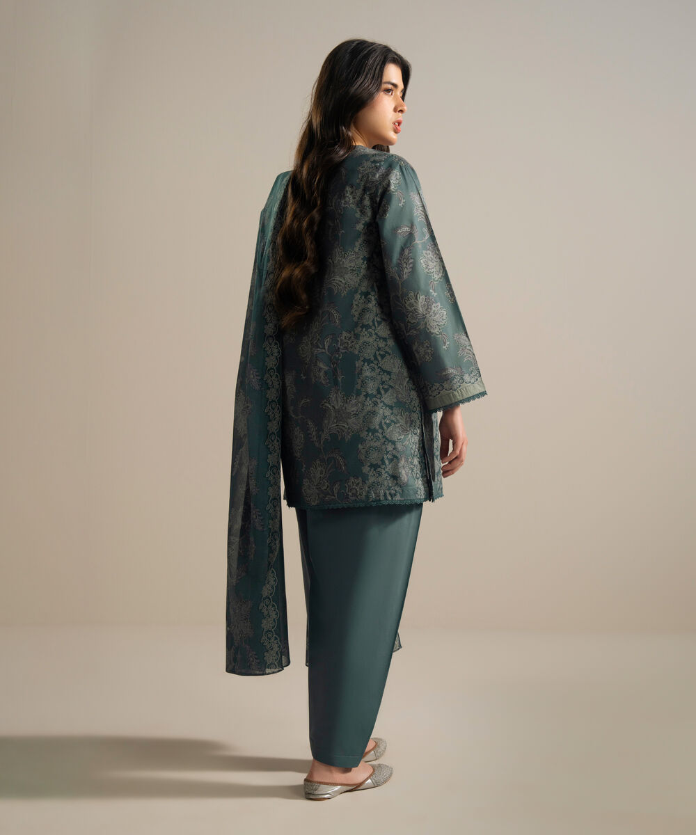 Women's RTW Cambric Printed Green 3 Piece Suit