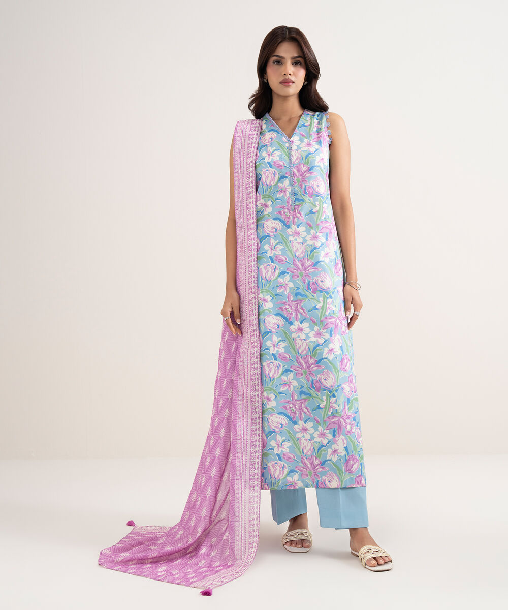 Women's Unstitched Lawn Blue Printed 3 Piece Suit