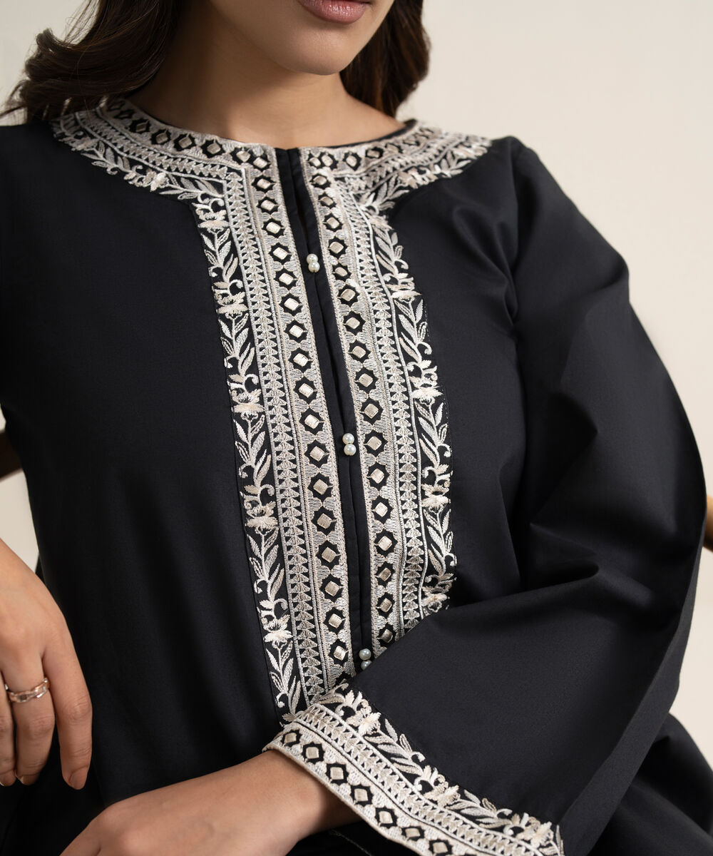 Women's RTW Cambric Embroidered Black Straight Shirt