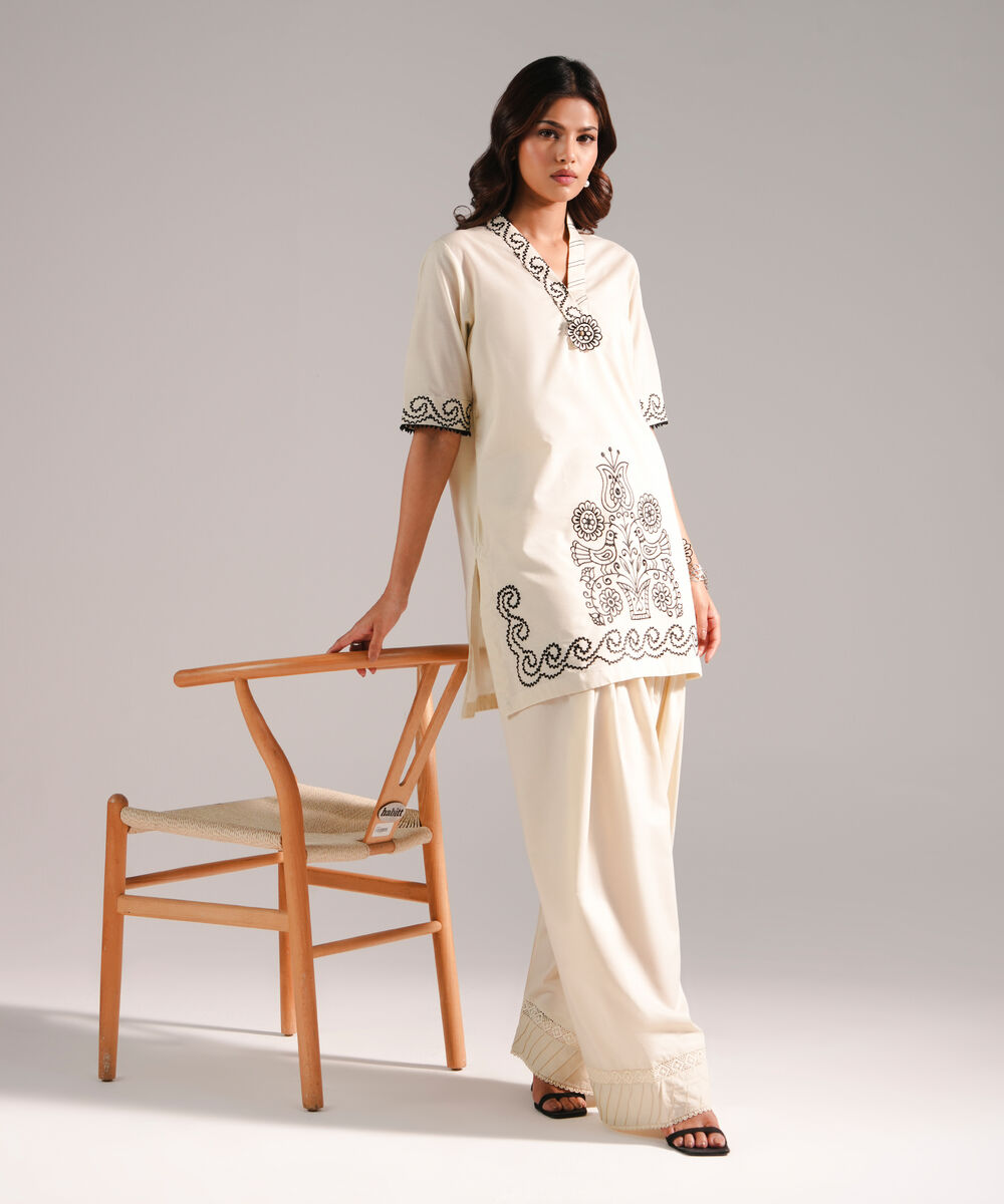 Women's RTW Slub Lawn Embroidered Off White Straight Shirt