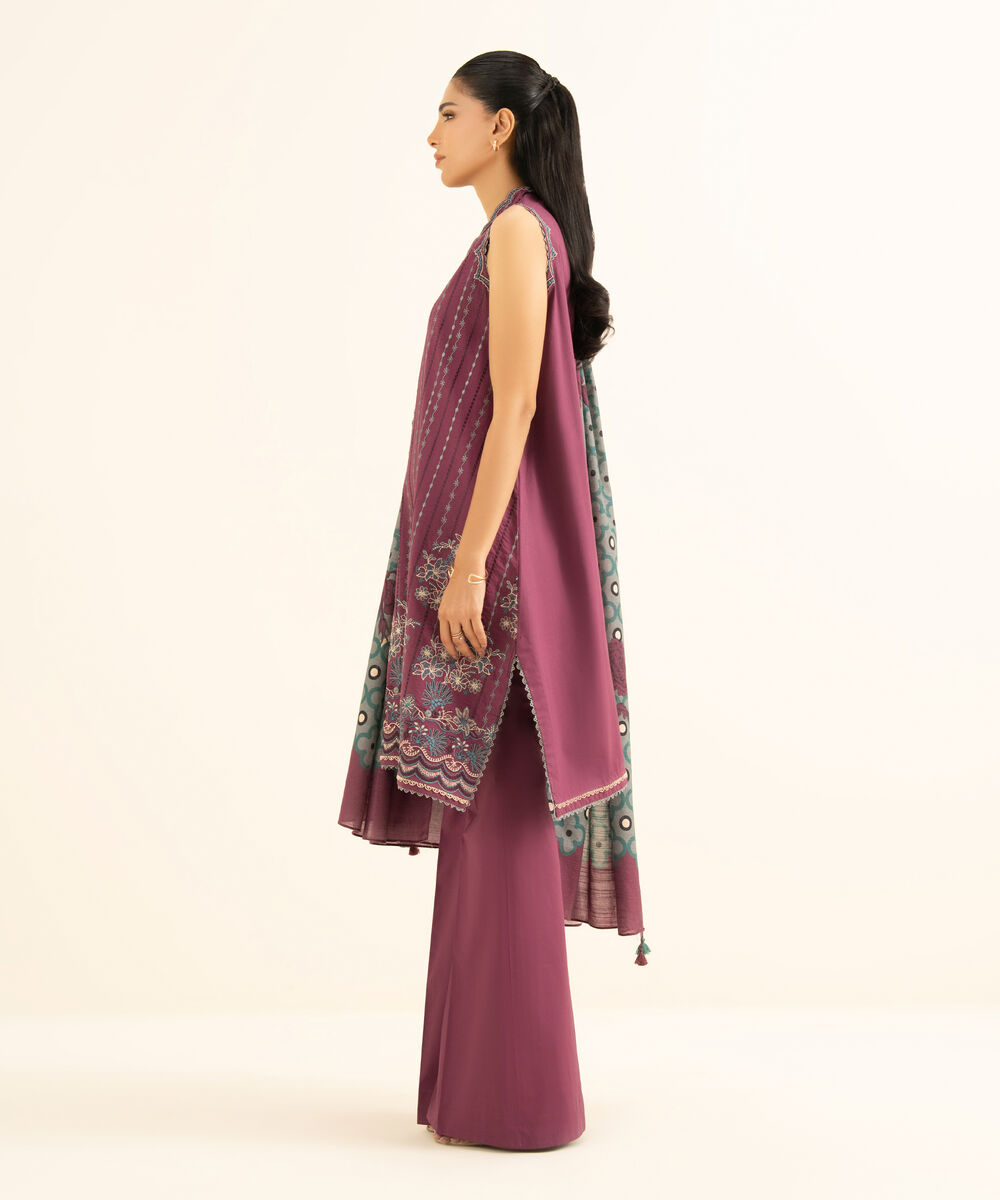 Women's Unstitched Cross Hatch Embroidered Red 3 Piece Suit