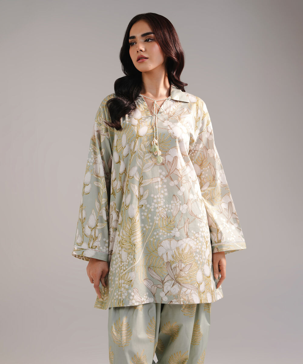 Women's RTW Cambric Printed Green 2 Piece Suit