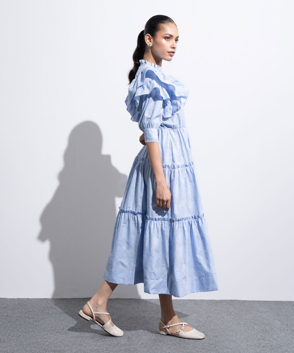 Women's Western Light Blue Tier Dress With Ruffled Details