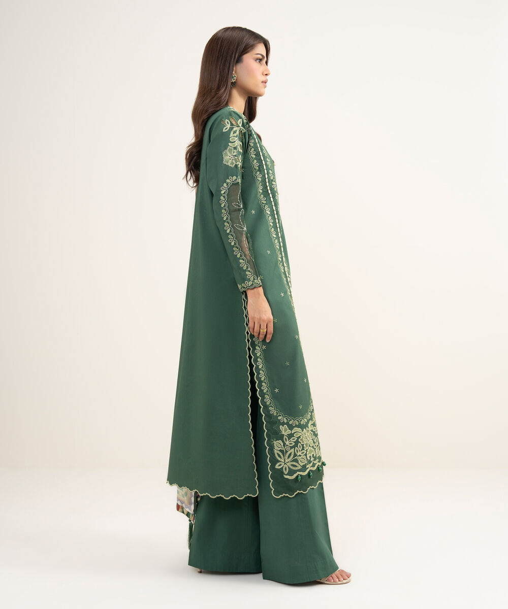 Women's Unstitched Textured Lawn Embroidered Green 3 Piece Suit