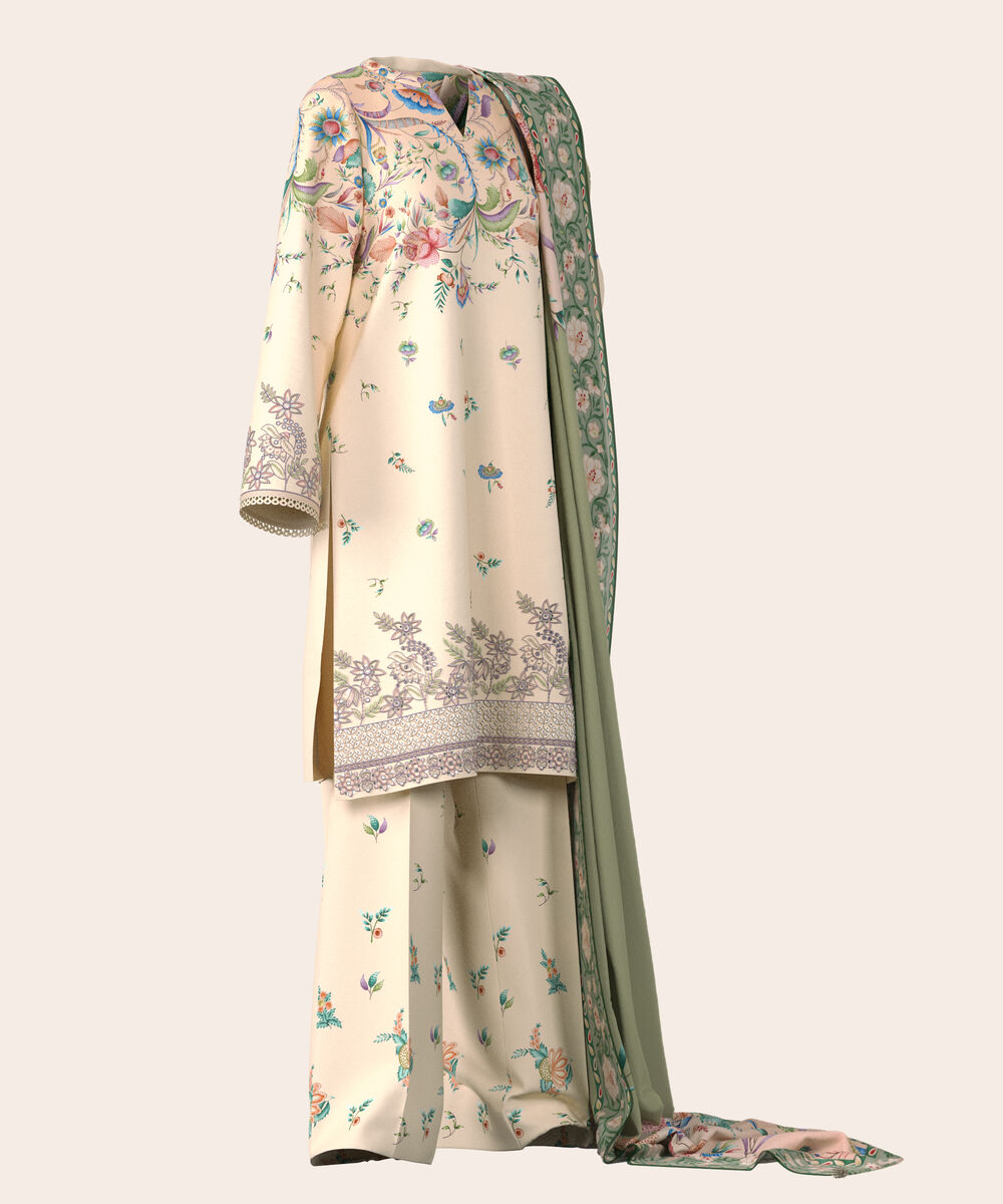 Women's Unstitched Lawn Off White  Embroidered 3 Piece Suit