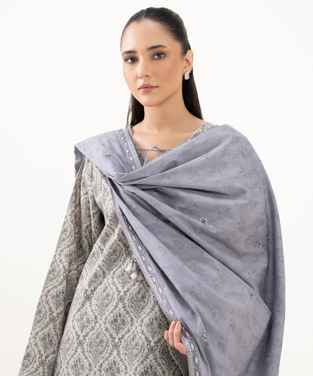 Women's Unstitched Cross Hatch Embroidered Grey 3 Piece Suit