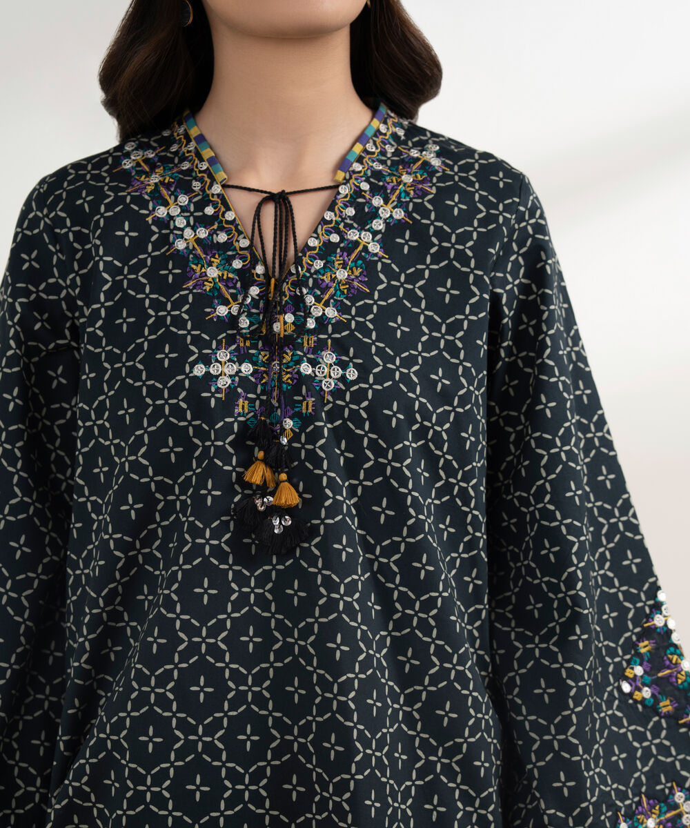 Women's Unstitched Cotton Embroidered Black 3 Piece Suit