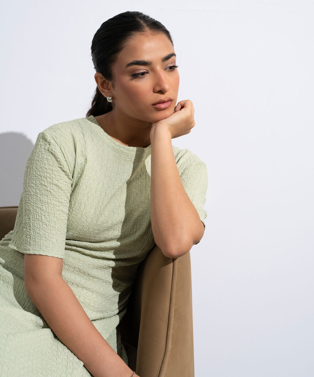 Women's Light Green Cinched Waist Textured Dress