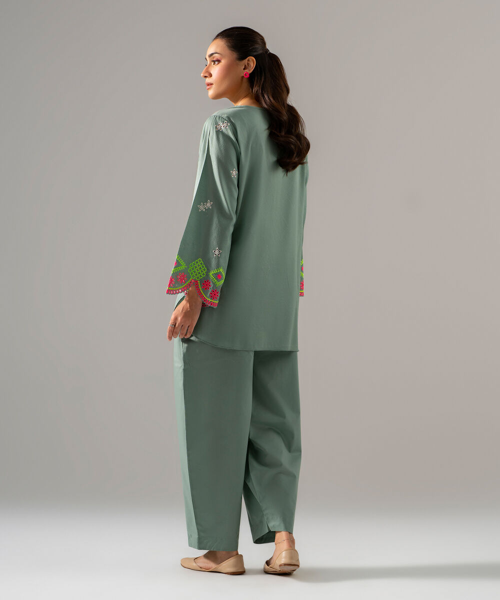 Women's RTW Dobby Solid Embroidered Blue 2 Piece Suit
