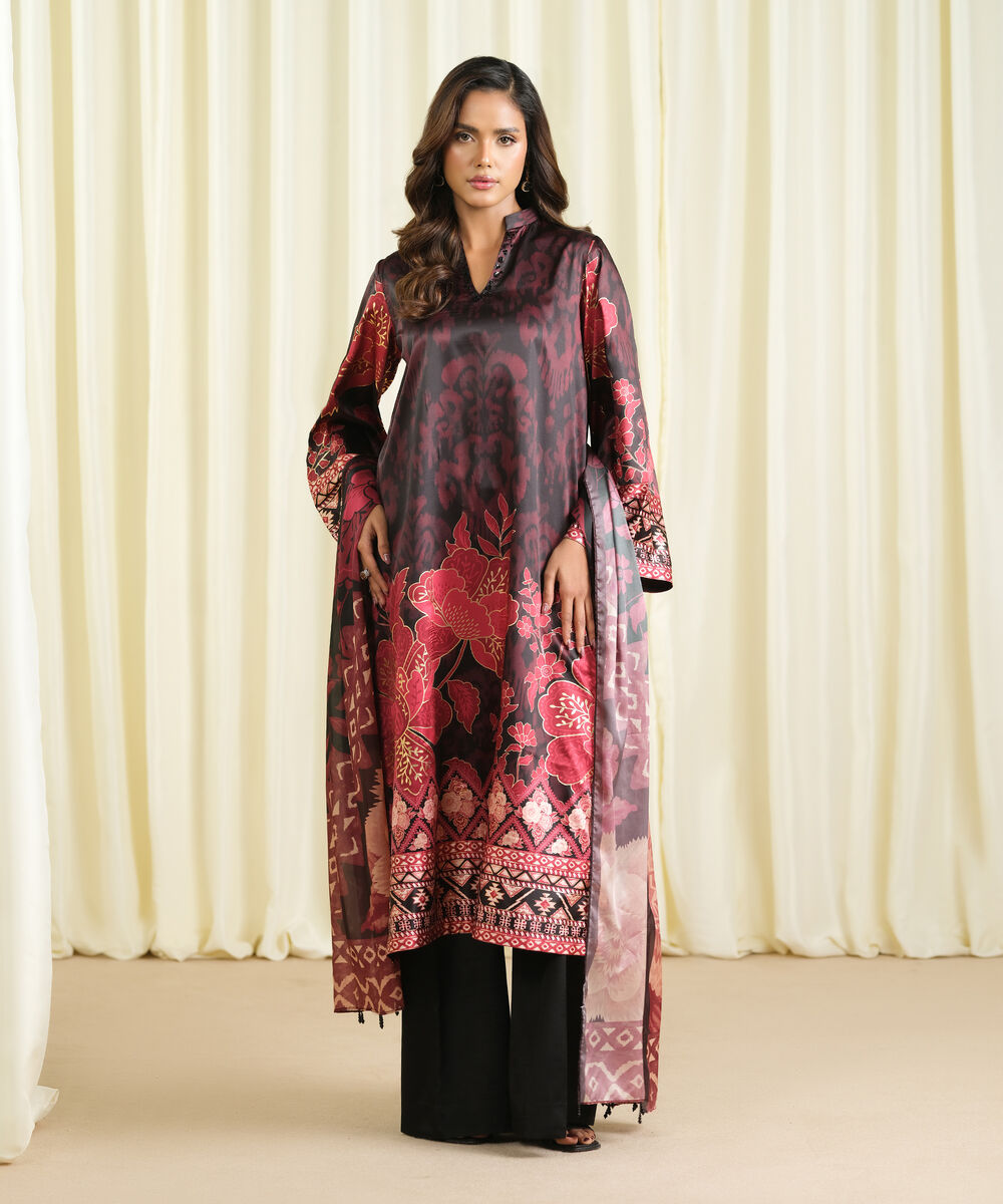 Women's Unstitched Blended Satin Printed Multi 3 Piece Suit