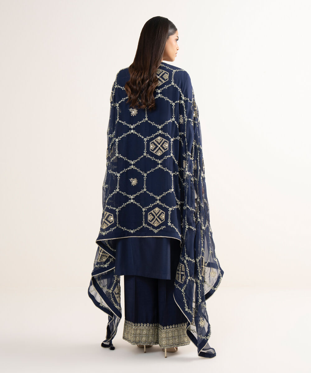 Women's RTW Silk Cotton Net Blue Embroidered 3 Piece Suit