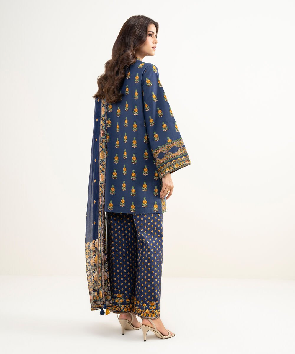Women's Unstitched Lawn Printed Blue 3 Piece Suit