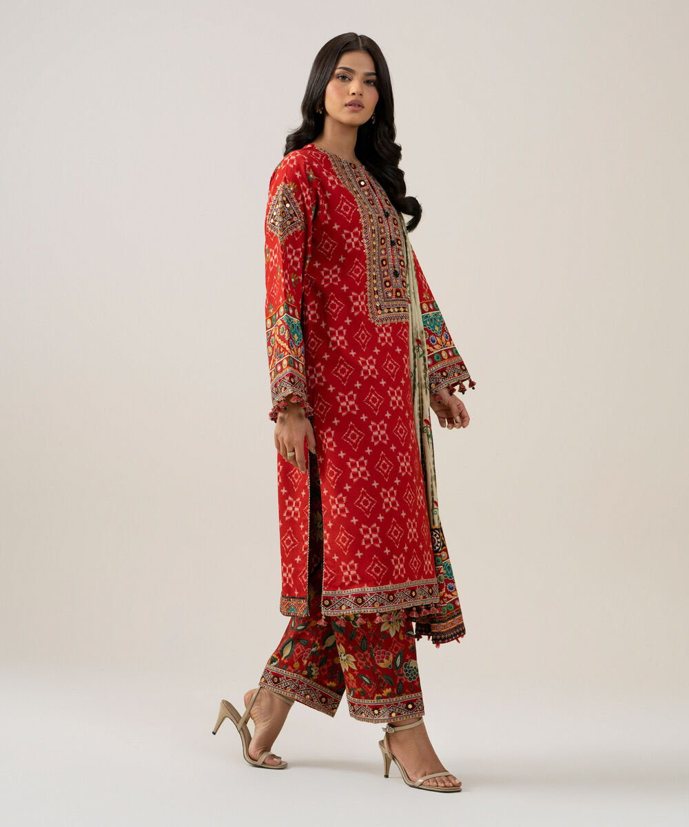Women's Unstitched Linen Printed Red 3 Piece Suit