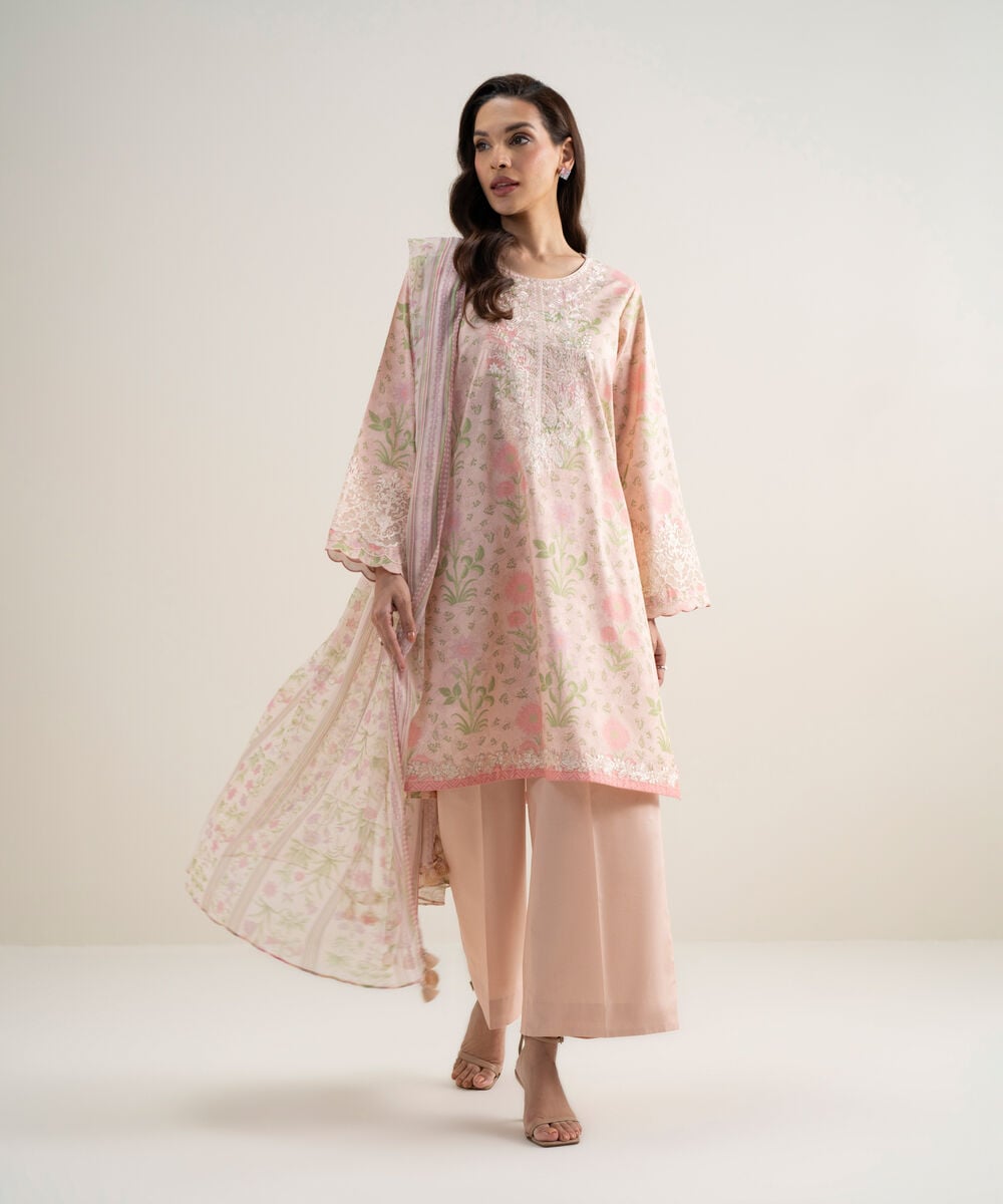 Women's Unstitched Lawn Embroidered Light Pink 3 Piece Suit
