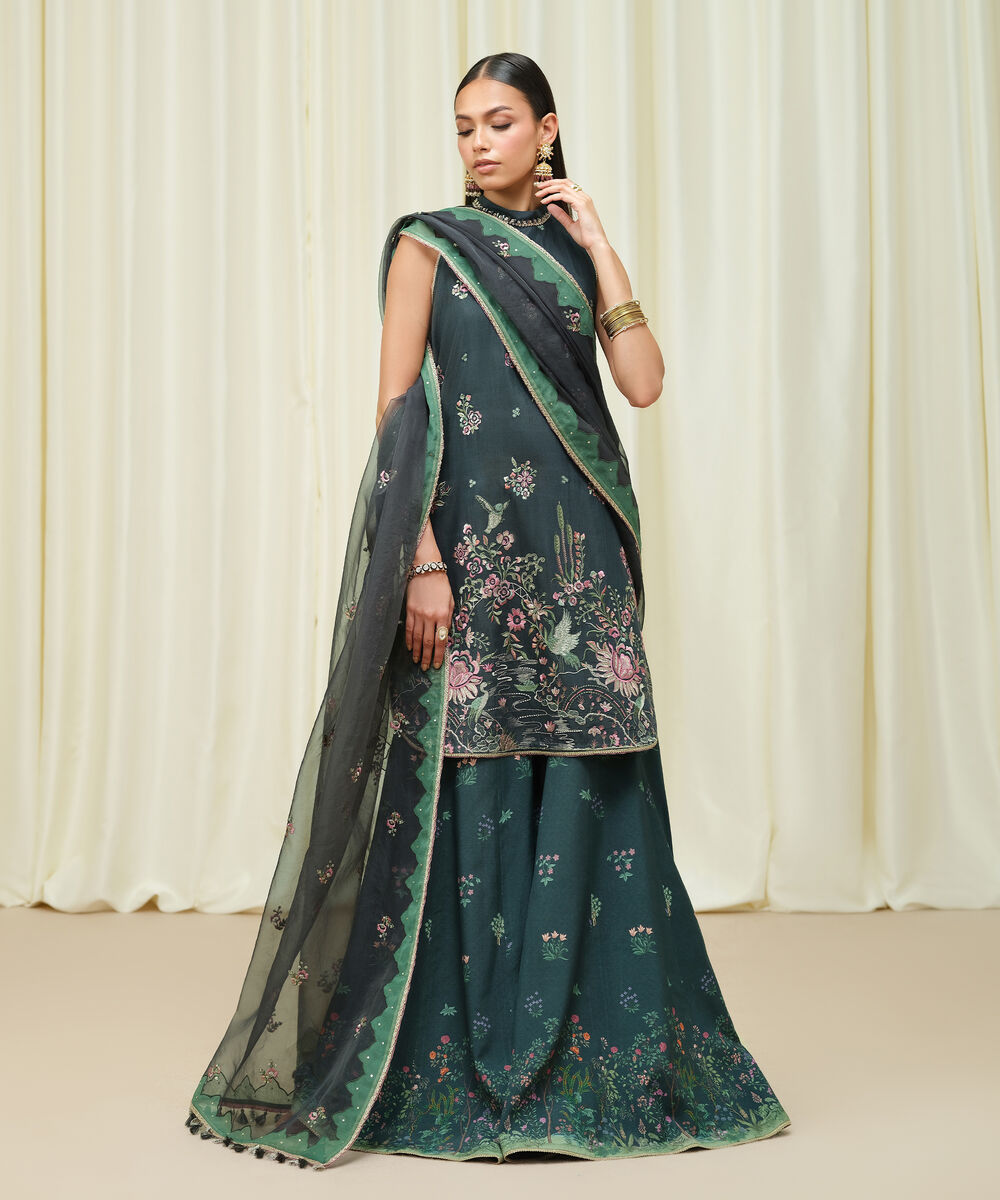 Women's Unstitched Raw Silk Embroidered Green 3 Piece Suit