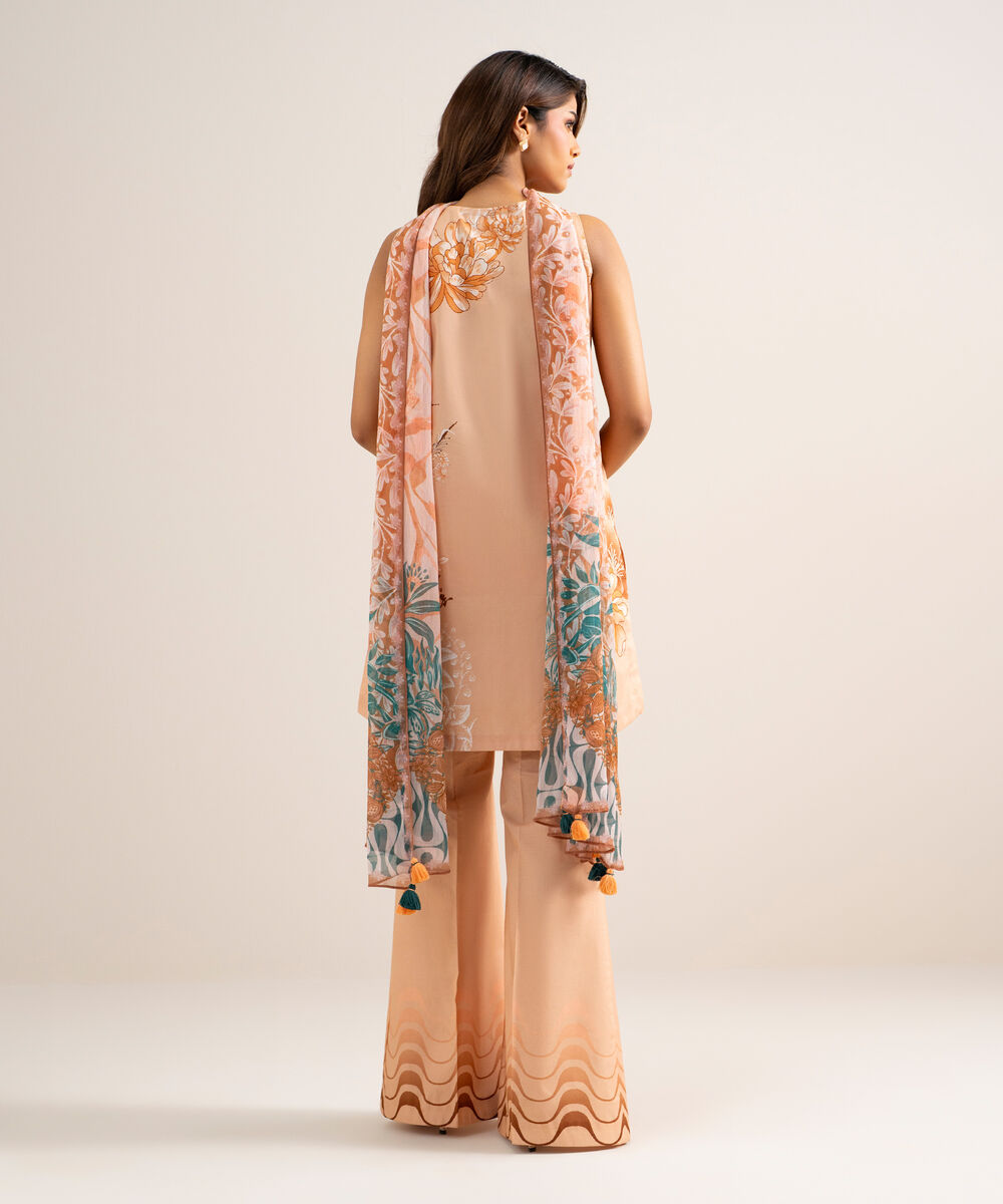 Women's Unstitched Lawn Printed Peach 3 Piece Suit