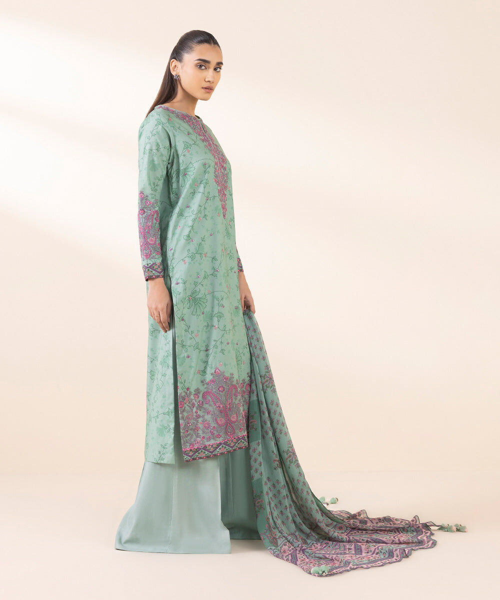 Woman - Blue 3 Piece - Embroidered Linen Suit