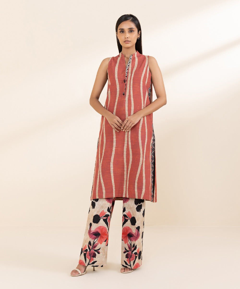 2 Piece - Printed Light Khaddar Suit Women's Pret Khaddar Orange Printed 2 Piece Suit