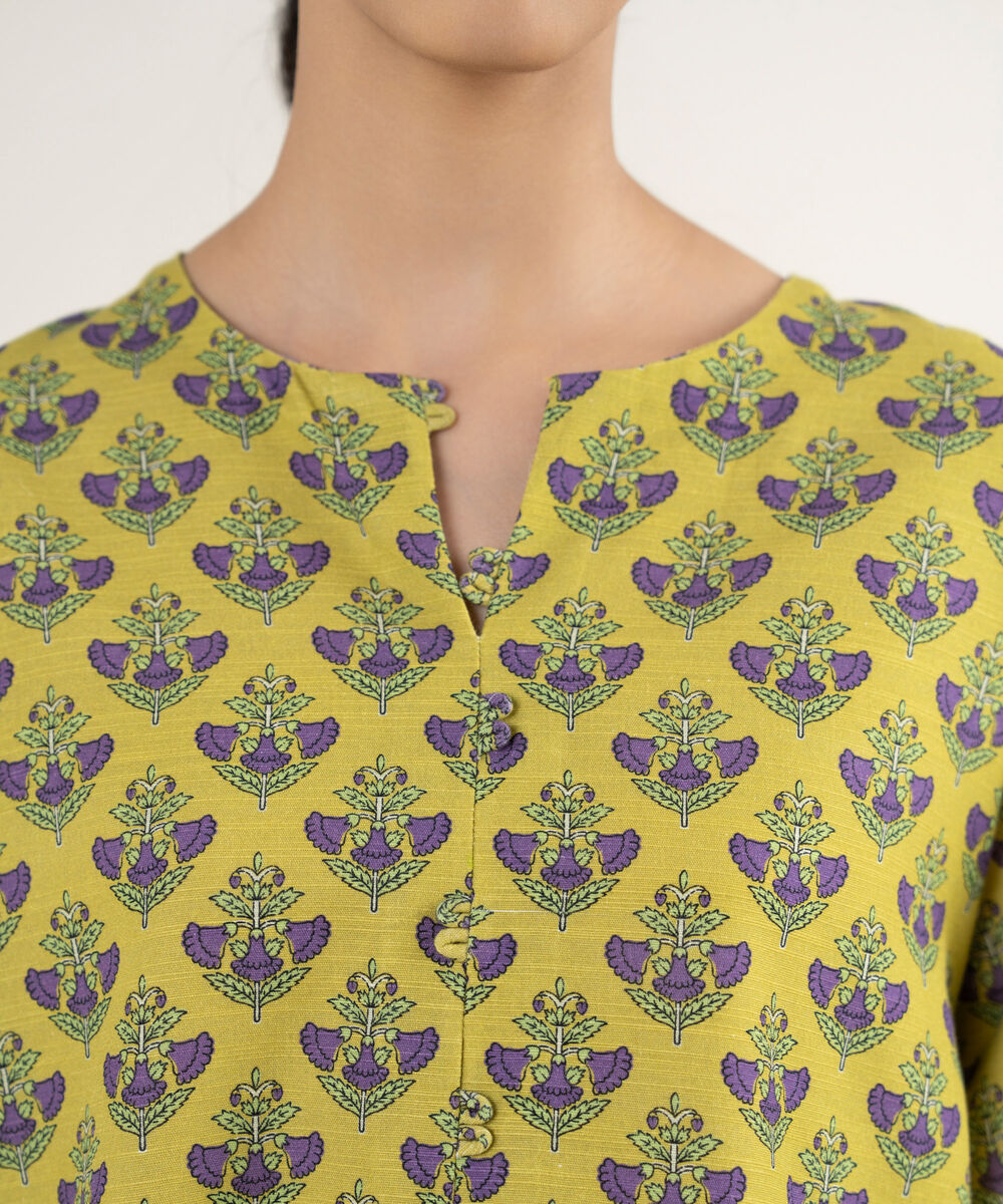 Women's Unstitched Printed Textured Cotton Yellow 3 Piece Suit