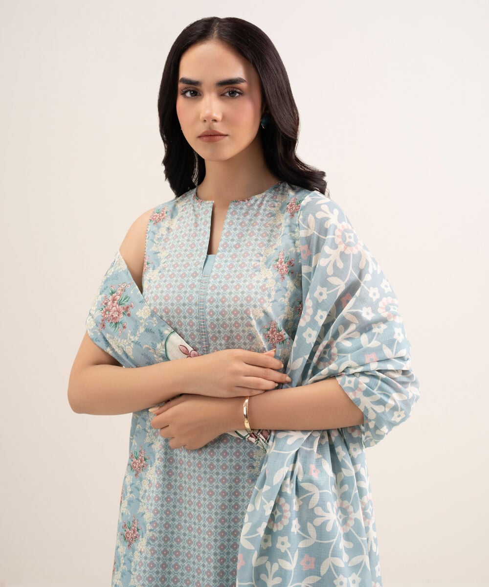 Women's Unstitched Lawn Printed Blue 3 Piece Suit