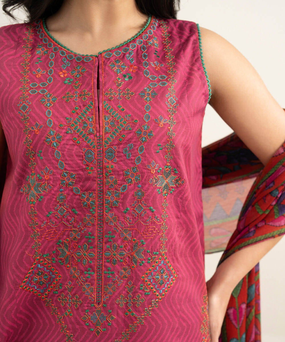 Women's Unstitched Lawn Embroidered Pink 3 Piece Suit