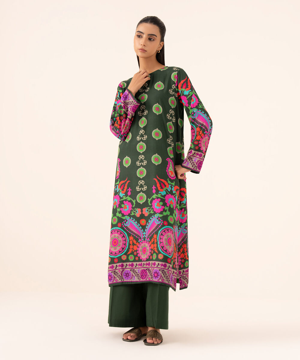 Women's RTW Arabic Lawn Green Printed Drop Shoulder Shirt