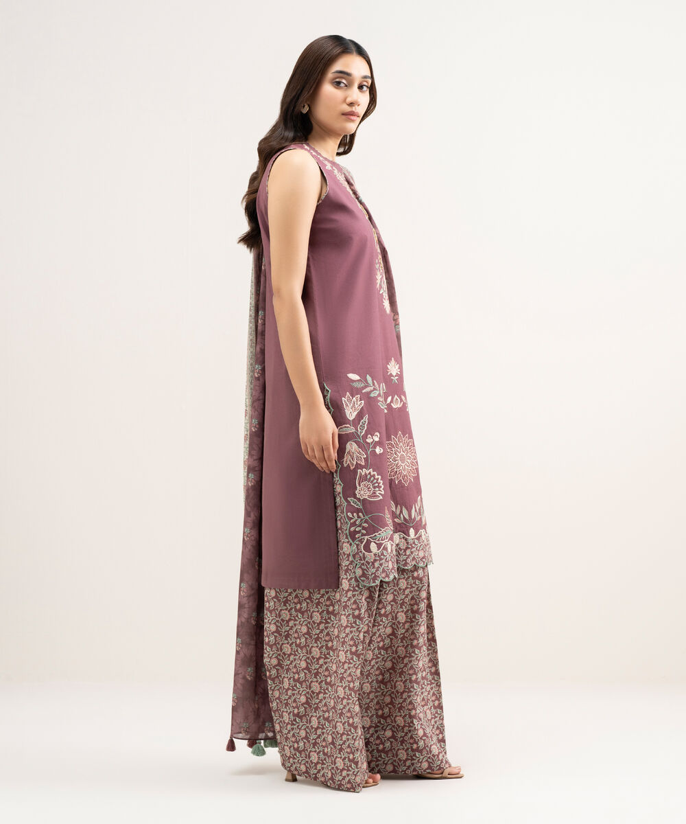 Women's Unstitched Textured Lawn Embroidered Pink 3 Piece Suit