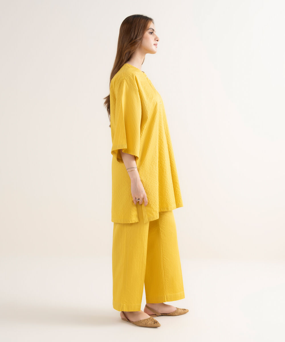 Women's RTW Handwoven Dobby Solid Straight Yellow Shirt