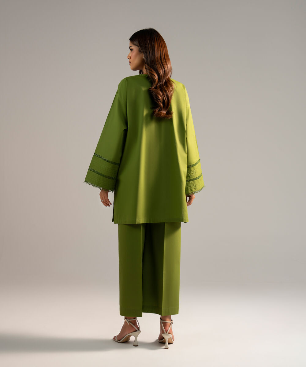 Women's RTW Lawn Embroidered Green Drop Shoulder Shirt