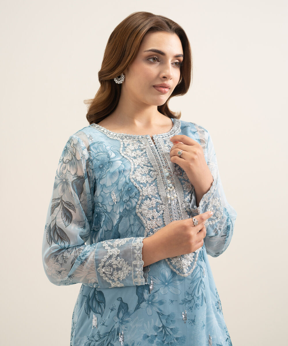 Women's RTW Blended Chiffon Embroidered Blue 2 Piece Suit