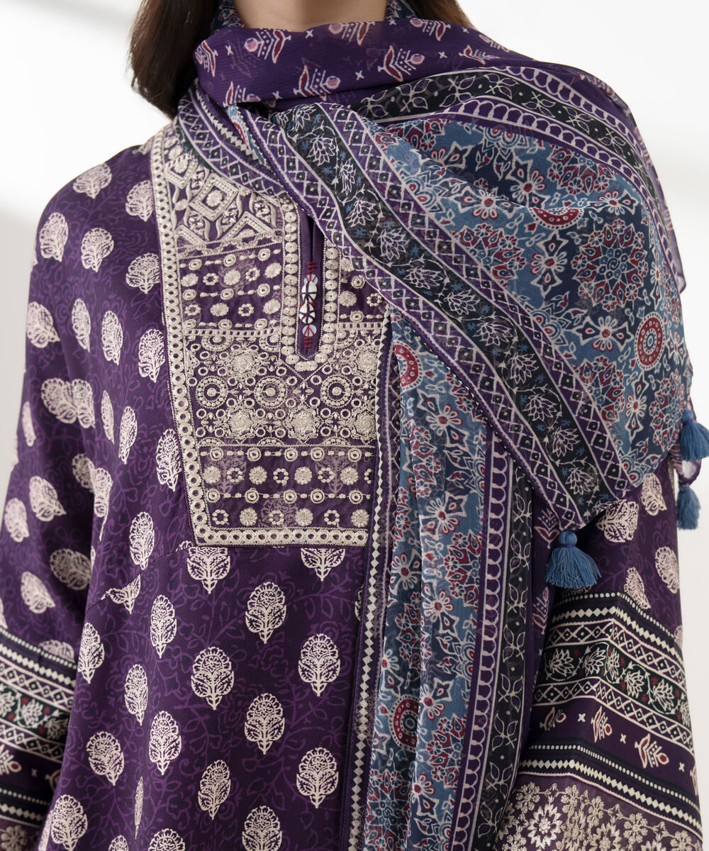 Women's Unstitched Light Linen Printed Purple 3 Piece Suit