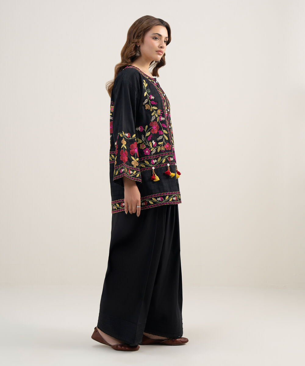 Women's RTW Dobby Embroidered Black Drop Shoulder Shirt