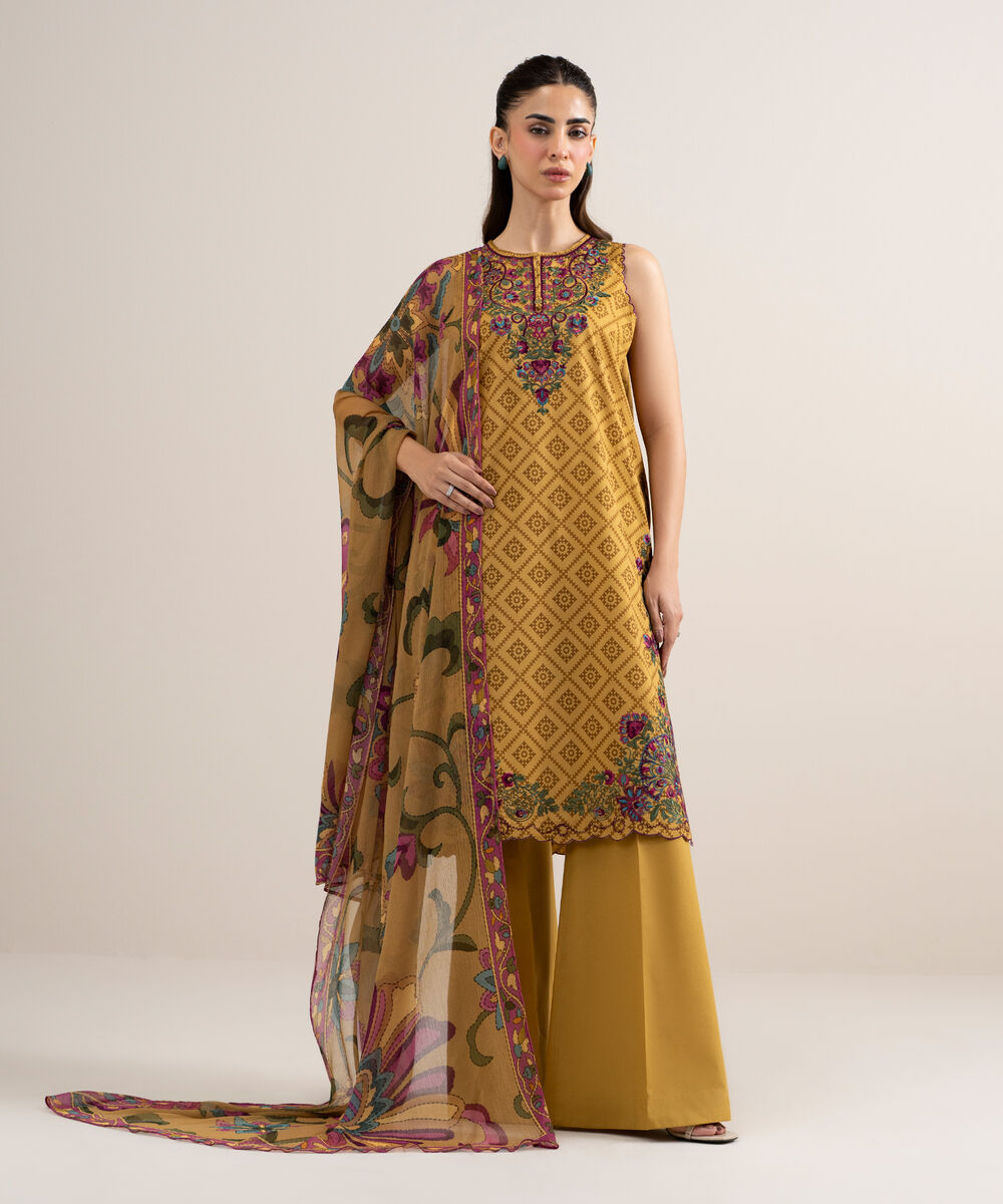 Women's Unstitched Lawn Embroidered Yellow 3 Piece Suit