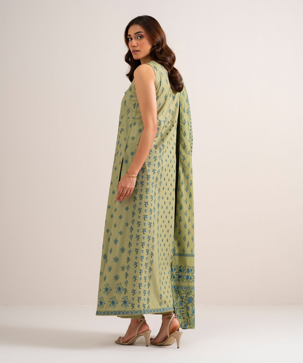 Women's Unstitched Printed Cotton Viscose Green 3 Piece Suit