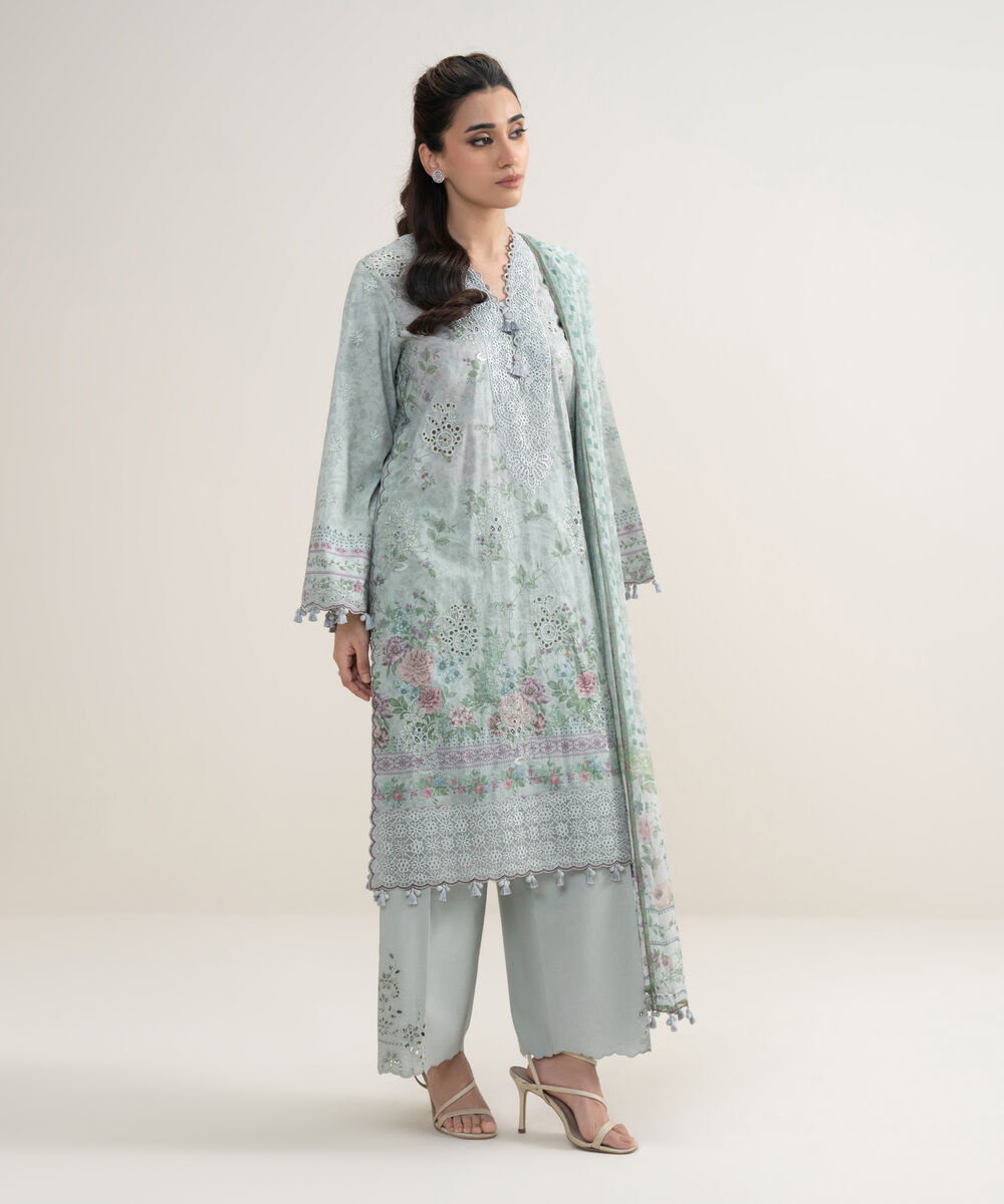 Women's Unstitched Fine Lawn Embroidered Grey 3 Piece Suit