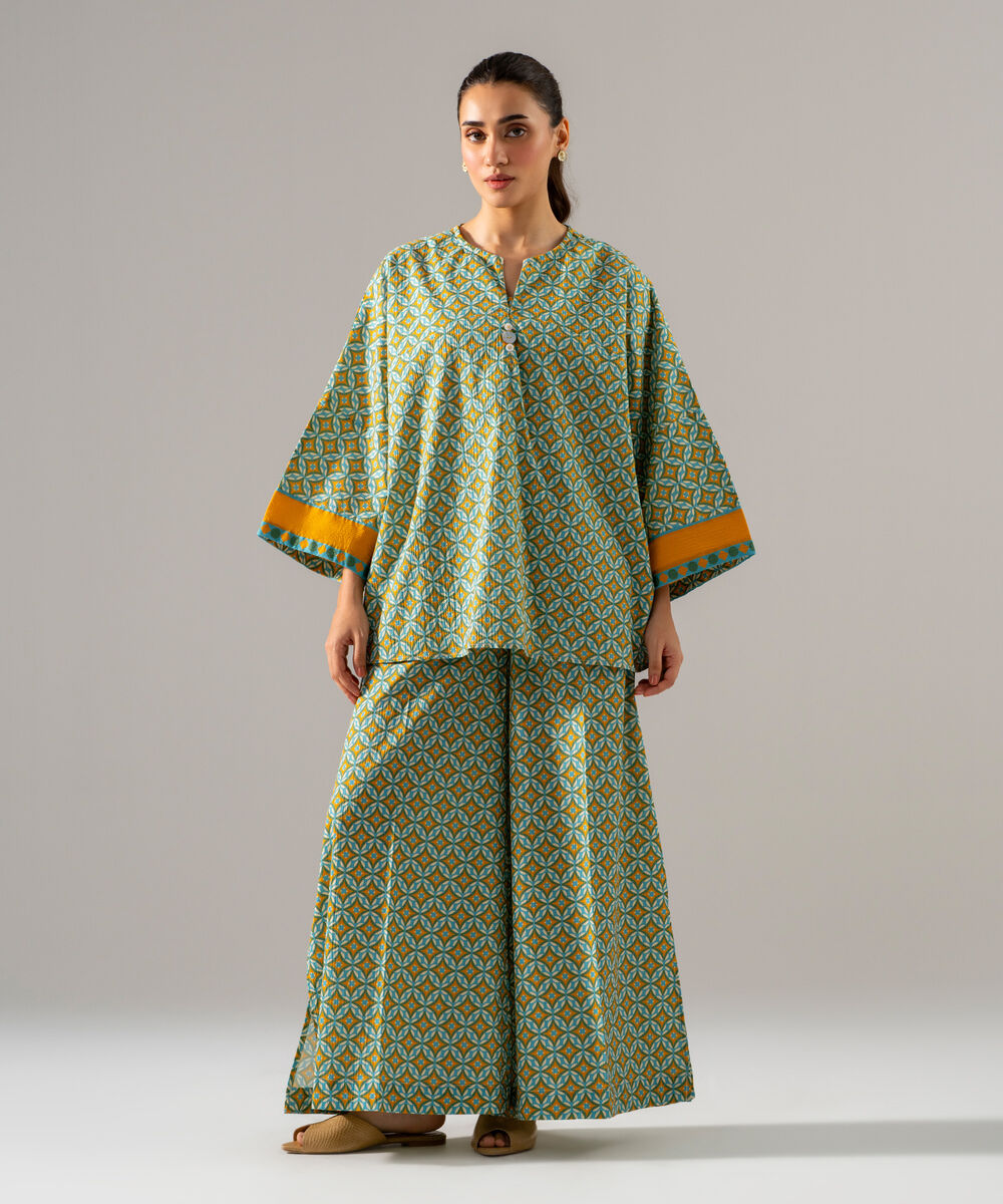 Women's RTW Seersucker Printed Mustard Yellow 2 Piece Suit