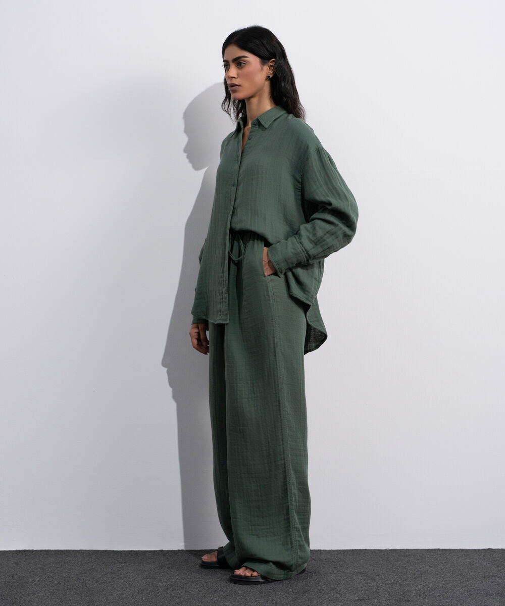 Women's Green Pleated Muslin Trousers