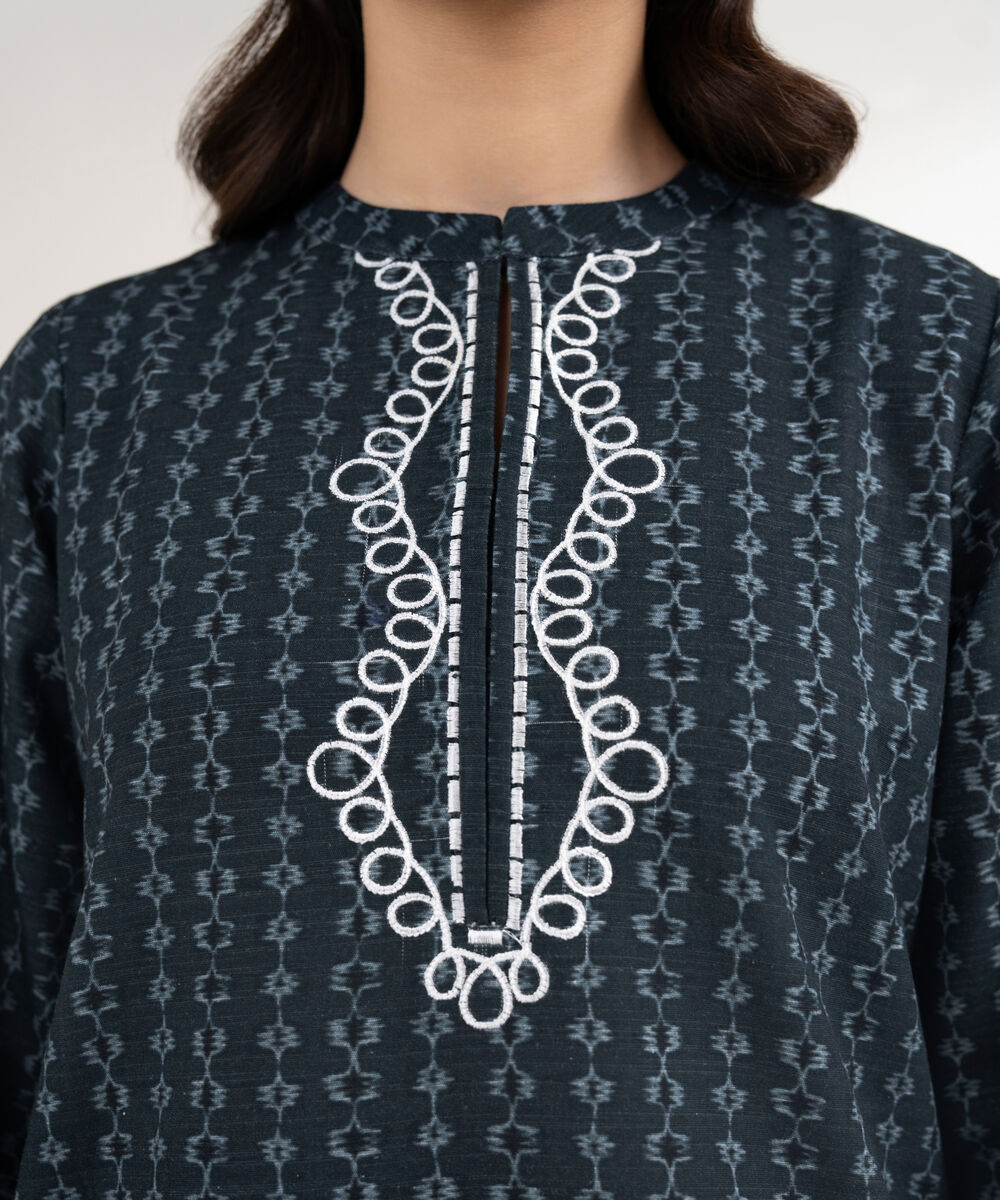 Women's RTW Khaddar Embroidered Black Shirt