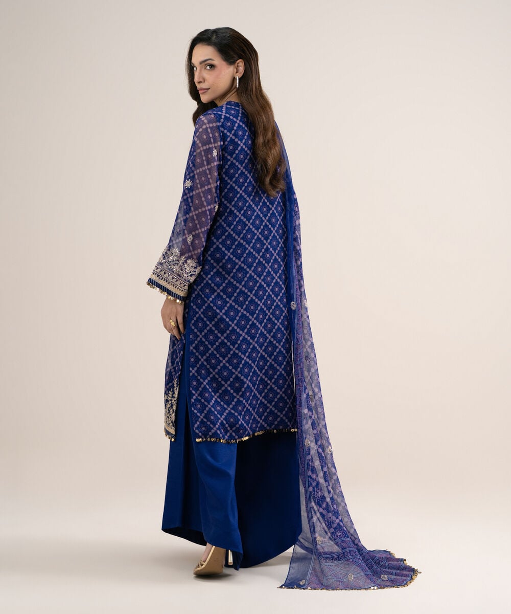 3 Piece - Embroidered Chiffon Suit — Sapphire view 3