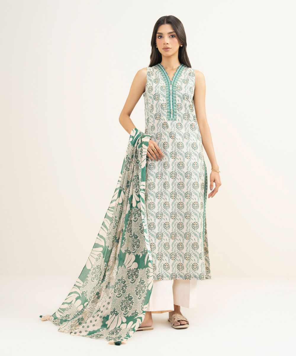 Women's Unstitched Lawn Printed Green 3 Piece Suit