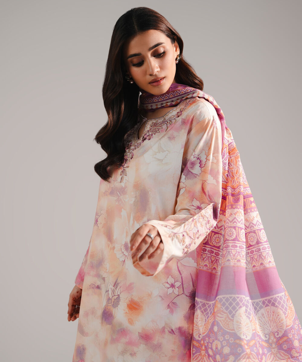 Women's RTW Cambric Embroidered Peach 3 Piece Suit